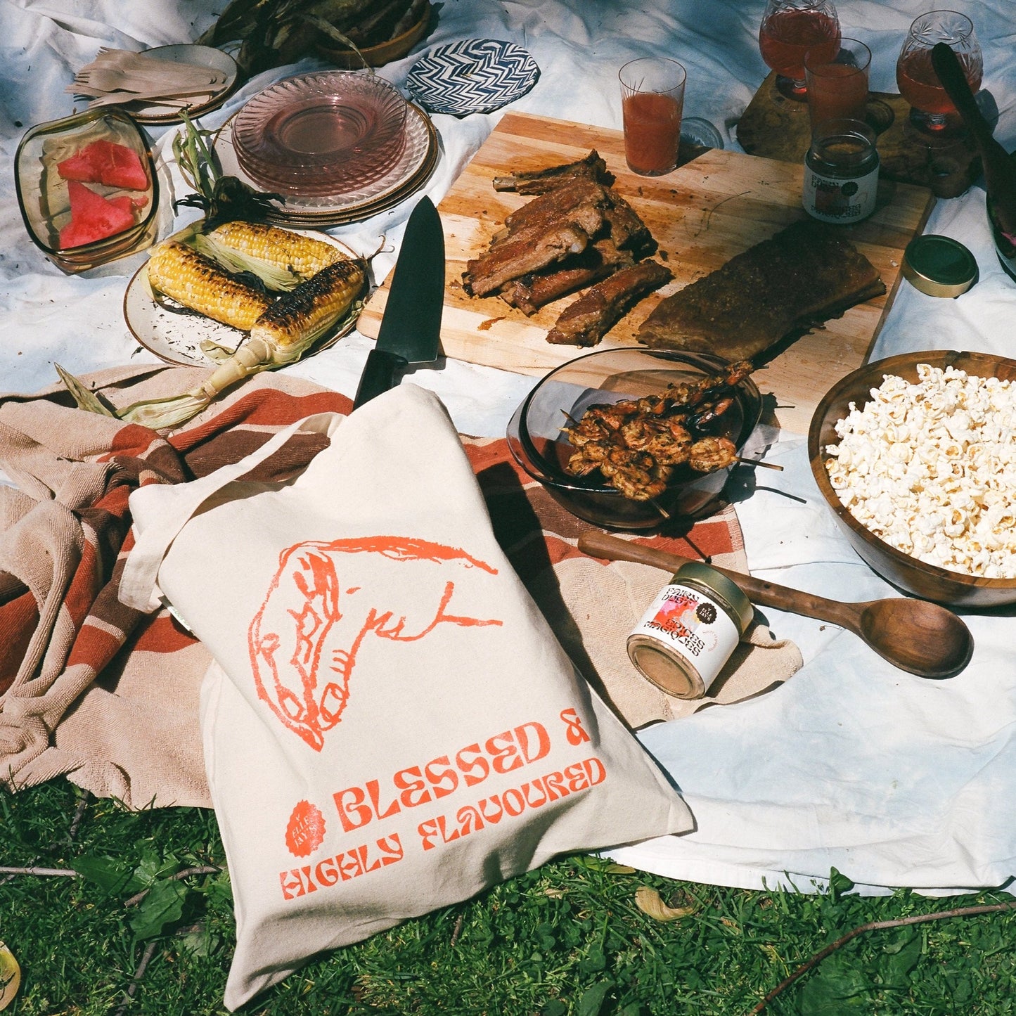 Picnic on grass with BBQ spice blend on ribs shrimp skewers and corn on the cob